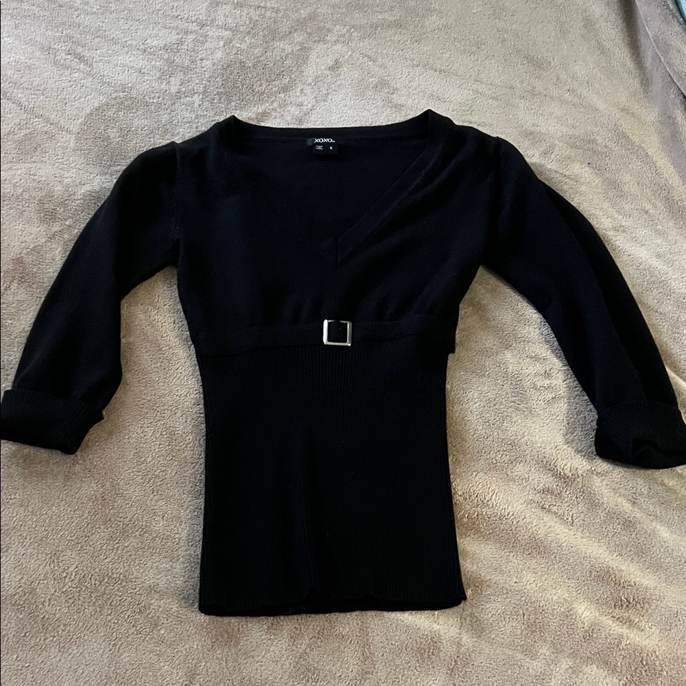 XOXO Black V-Neck Blouse with Buckle Detail